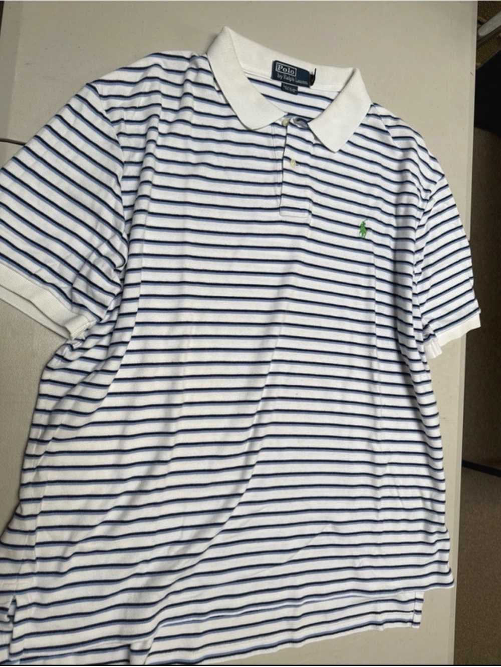 Ralph Lauren White Polo with Navy Stripes and Green Pony